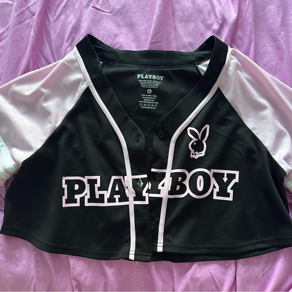 PLAYBOY Tops - Black and Pink Cropped Playboy Jersey